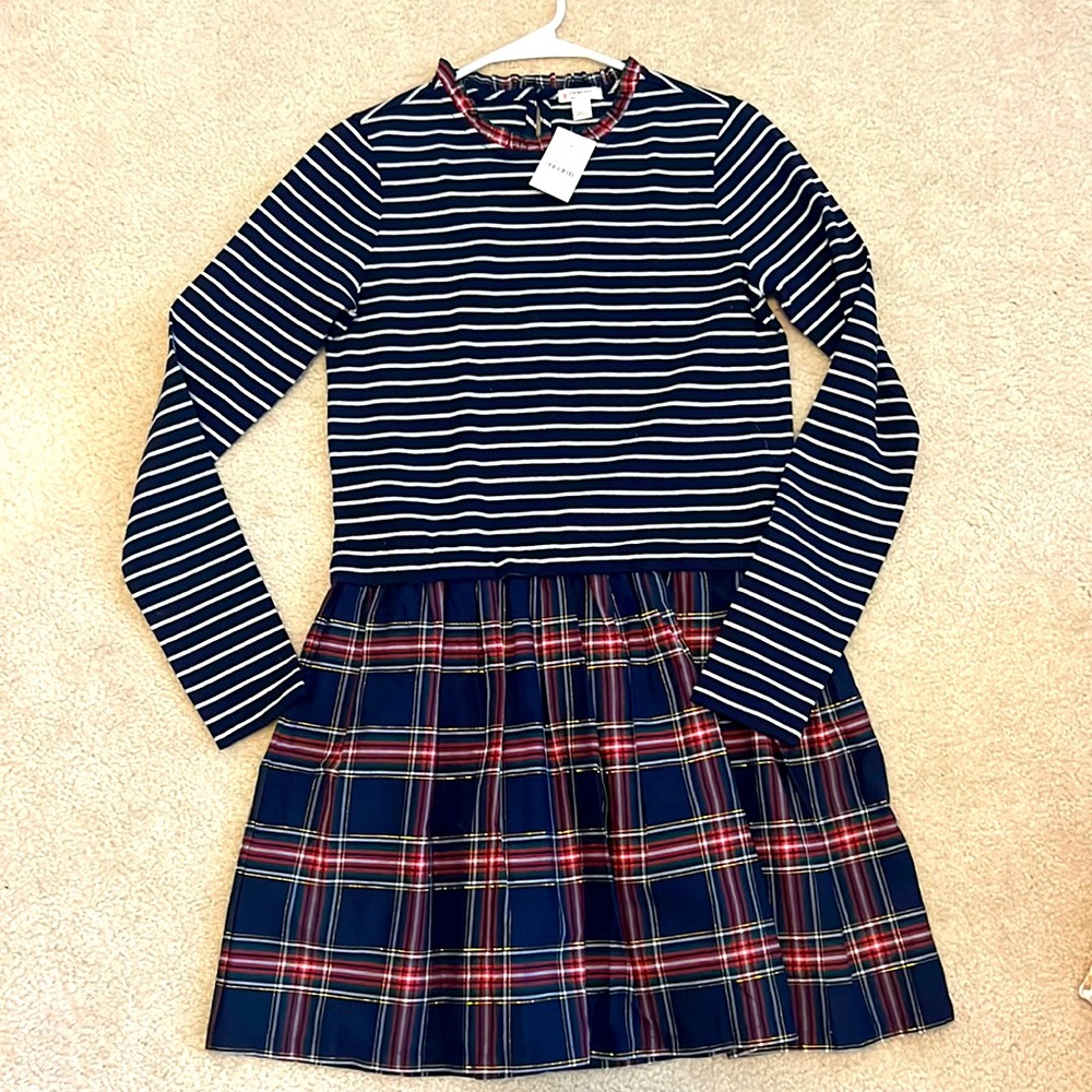 Girls JCrew navy striped and tartan print dress. NWT size XL